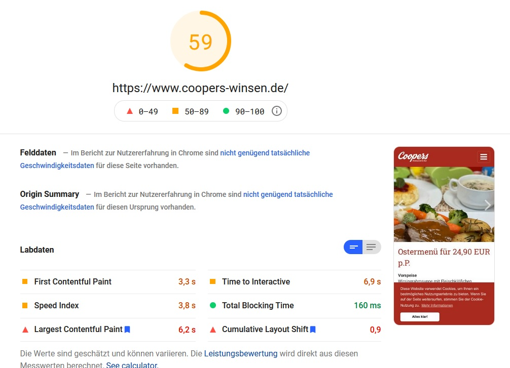 Google PageSpeed Insights Optimierungen - Vorher